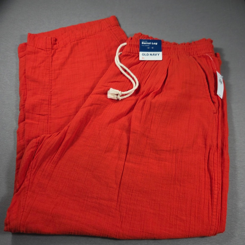 Old Navy High-Rise Barrel Leg Pants Red Orange Cotton Gauze XL Drawstring